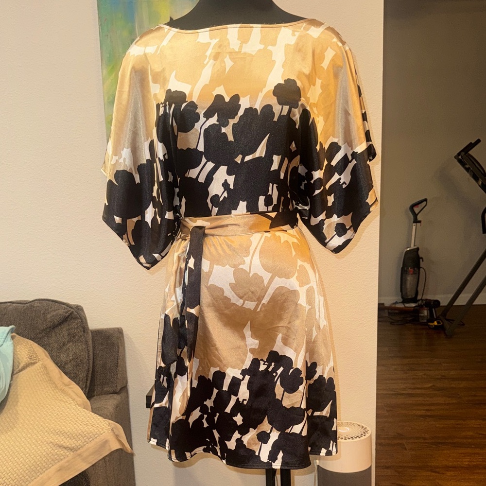 BCBGMaxAzria Black Satin Dress with Cream & Gold Details